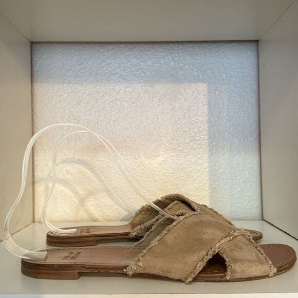 Stuart Weitzman Suede Crossover Slide Sandals Taupe Fringe Trim Minimalist - Picture 4 of 15